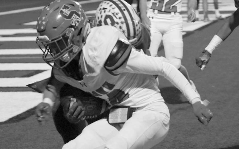 TWO POINTS- Roughneck Koy Torres crossed the goal-line on a two-point conversion. The Sundown Roughnecks’ football season came to an end Thursday night in Hereford with a 49-8 loss to the defending Division 2 State Champion Stratford Elks. (Photo Courtesy of Chris Bratcher)