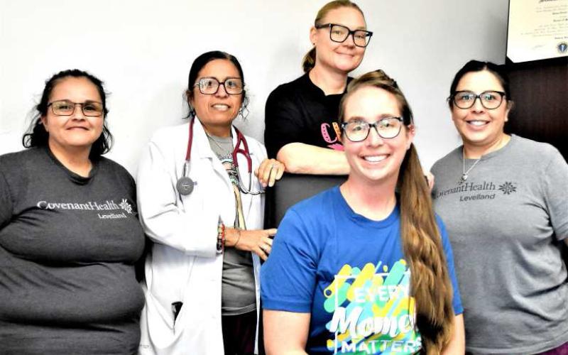 WELCOME DR.Grindle-- The newest member of the team, Dr. Jenna Grindle, MD (front), joins the Family Medicine of Levelland clinic staff, Delma Flores, LVN, Tommie Vidales, FND-C, Pamela Horn, and Veronica Hernandez, LVN. Dr. Grindle will begin seeing patients this coming Wednesday. (Staff photo by Lynda Work).