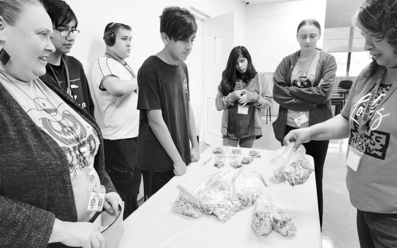 LOC TREATS, NOT TRICKS - The LHS LOC students have been busy this week preparing Treats for Teachers. The kids had to go shop at the store while staying in a budget. They also had to measure and prepare a recipe. Pictured are Mrs. Kristy Scoggins, RJ Bermea, Anthony Moore, Waylon Smith, Trinity Carrillo, Teaching Assistant Avery VanZandt, and Rebecca Gonzalez.(Photo submitted by Cristal Isaacks)