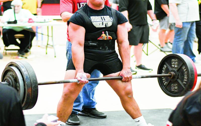 DEADLIFTING MACHINE - Morton’s Aldo Rivera deadlifts during the Levelland Invitational powerlifting meet this past Saturday at Levelland High School. Rivera would deadlift 445 pounds at the meet. (Staff photo by Jentezen Smith)