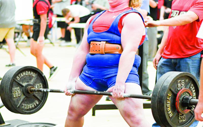 SHEER POWER - Sundown’s Aiden Brinklow deadlifts during the Levelland Invitational powerlifting meet this past Saturday at Levelland High School. Brinklow would lift 1,275 pounds total between three lifts. (Staff photo by Jentezen Smith)