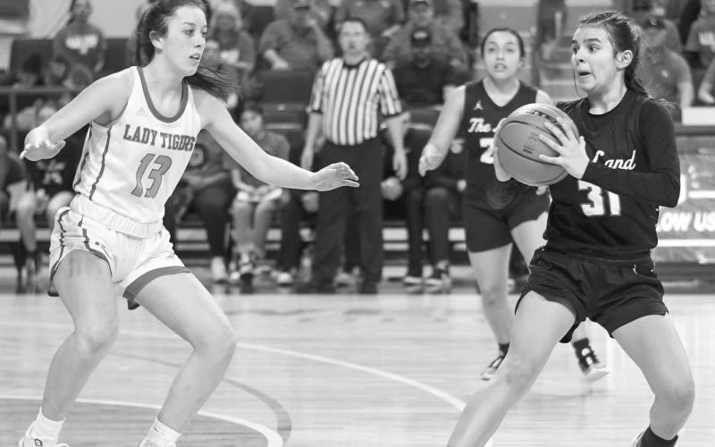 PUMP FAKE - Levelland Loboette Leilani Sanchez pump faked the ball during the teams game against the Glen Rose Tigers this past Tuesday night in ACU. (Staff photo by Dom Puente)