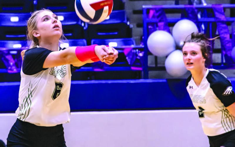 ROLLING - Ropes Lady Eagle Stratton Schertz set her teammates up during the teams bi-district game against Highland Park where they won 3-0. (Photo courtesy of Donovan Martin)