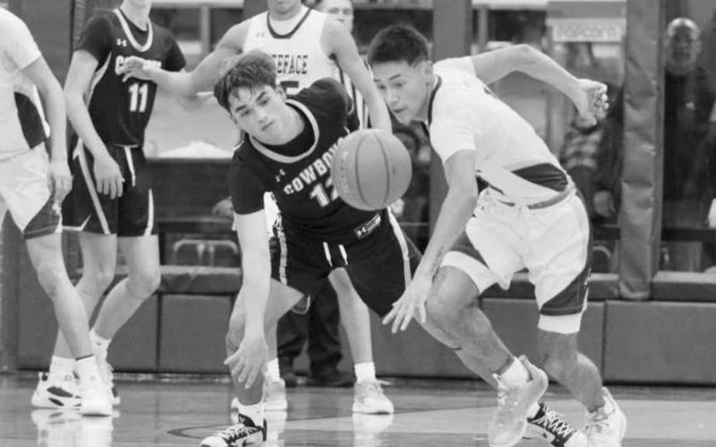 LOOSE BALL - Whiteface Antelope Jeremiah Rendon hustled for the loose ball during the team’s game last Friday night against the Plains Cowboys. (Photo courtesy of Holly Crutcher)