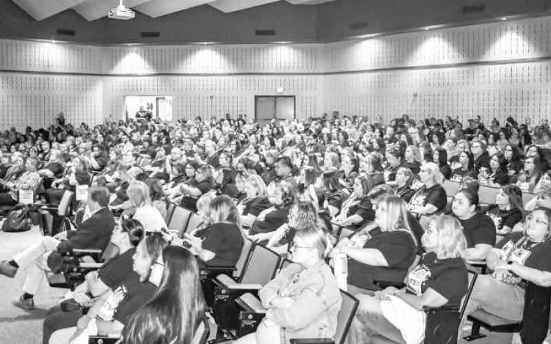 TEACHERS BACK TO SCHOOL MEETING - The Levelland ISD faculty had their annual Back-to-School meeting Monday at the Levelland Middle School. Door prizes were handed out and a video from students wishing faculty great year was shown . (Photo courtesy of Emily Campos)