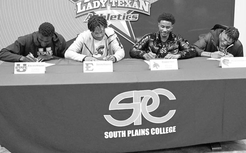 SIGNING DAY- The South Plains College men’s basketball program will send four players from the 2022-23 squad to Division I universities next season, which was made official on WednesdayJaded Harris signed with East Tennessee State University, Elijah Tate signed with Texas State University, Chris Coleman signed with the University of Alabama Birmingham and Kalifa Sakho signed with Utah State University. (Photo Courtesy of Jordan Irvine)