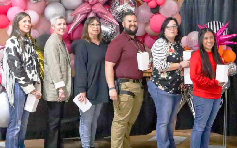 YEARS OF SERVICE - Hockley County held their employee recognition banquet Thursday afternoon at the Mallet Event Center and Arena. Employees with the county were recognized for their five, 10, 15 or 20 years of service following the lunch portion of the event. Pictured are the individuals who received their five-years of service award. Pictured from right to left are Tracie Evans, Jennifer Palermo, Pam Kiser, Leslie Lehmann and Kristen Garza. (Staff photo by Myra Guerrero)