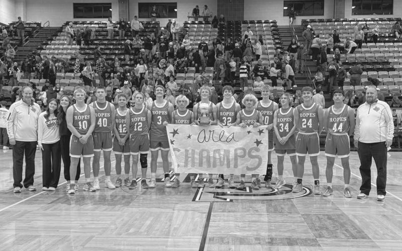 AREA CHAMPS - The Ropes Eagles earned Area Champs after beating the Forsan Buffaloes this past Friday night at Lamesa High School 64-25, in a blowout win. The Eagles played against the Abernathy Antelopes this past Tuesday night at the SPC Texan Dome for the Regional Semi-Final Round of playoffs. (Staff photo by Aalijah Soliz)