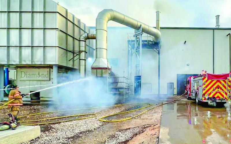 DRYER COOLDOWN - On Monday, the Levelland Fire Department was dispatched to the ethanol plant located alongside E. Highway 114 in regard to a large dryer emitting smoke. Mutual aid was requested with Smyer Volunteer Fire Department and West Carlisle Volunteer Fire Department arriving to offer assistance. (Photo courtesy of the Levelland Fire Department)