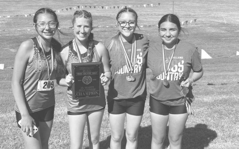JV GIRLS - The Levelland cross country team competed at Mae Simmons park where all of the teams took first and won district as a whole. Xio Marquez, Tea Johnson, Aubri Prieto, Kendall Maldonado (Not pictured above Kaydence Escarcega) (Photo courtesy of Cristal Isaacks)
