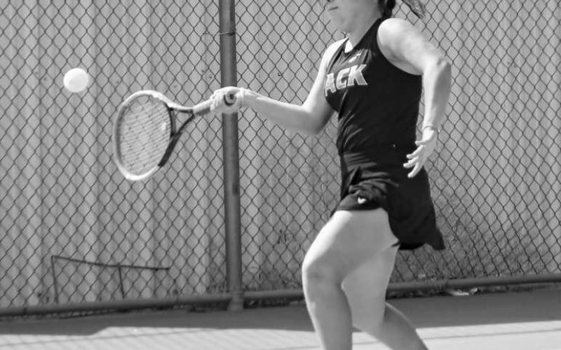 RIGHT BACK AT YOU – Madison Almager makes a play to send the tennis ball right back at her opponents during a match at home against Greenwood this past Tuesday. (Staff photo by Jentezen Smith)