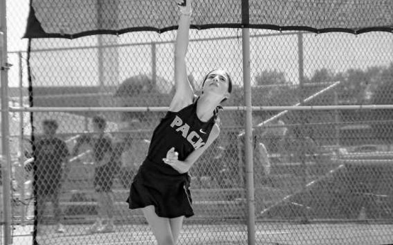 OVERHAND SERVE – Fabiola Hernandez performs an overhand serve during a match at home against Greenwood this past Tuesday. (Staff photo by Jentezen Smith)