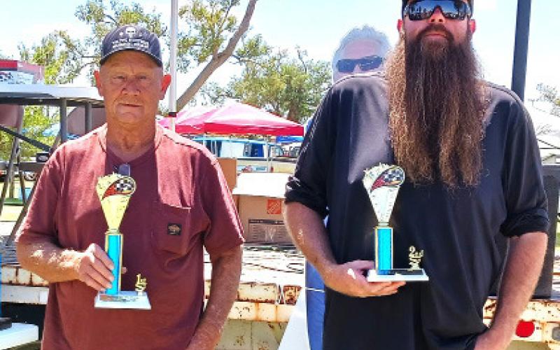 CUSTOM MOTORCYCLE – Jim Humphreys won first with an orange and burgundy 2026 V-8 Chopper Trike; and Michael Toney received second for a white 2003 Suzuki Hayabusa. Not pictured is Mark Mancillas, who won third for a black and gold 2009 Softail. (Staff photo)