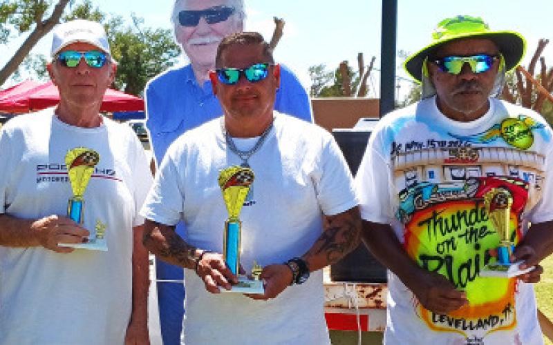 SPORTS CARS – Steve Doane, second place with a pacific blue 1981 Porche 911 Turbo, Damian Mora, first place for a red 2017 Dodge Challenger; and Luther Brackens with a red and white 2007 Ford Mustang Roush. (Staff photo)
