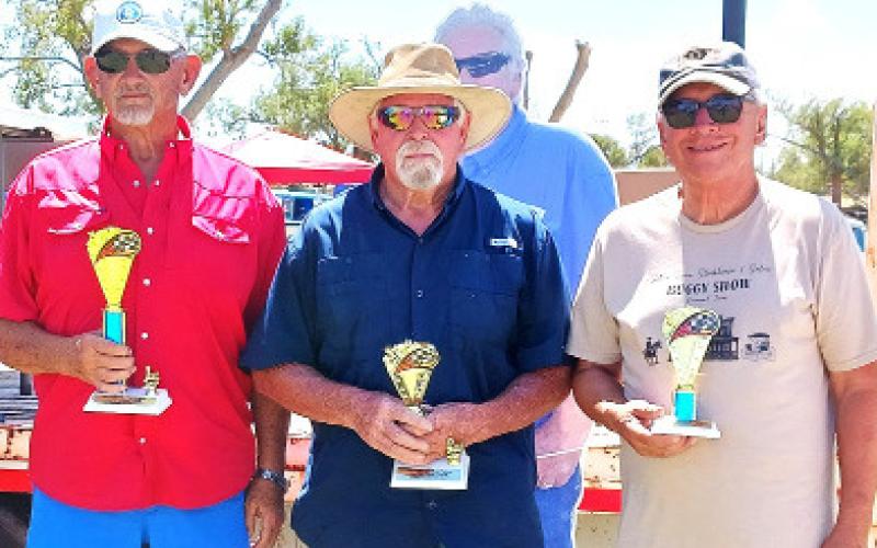 MOPAR MUSCLE CARS (64-81) - Rocky Sheppard, first place for a red 1969 Plymouth GTX; Mike Keeney, second place with an orange 1967 Plymouth Barracuda; and Dan Fox, third place for a blue 1968 Dodge GTS.