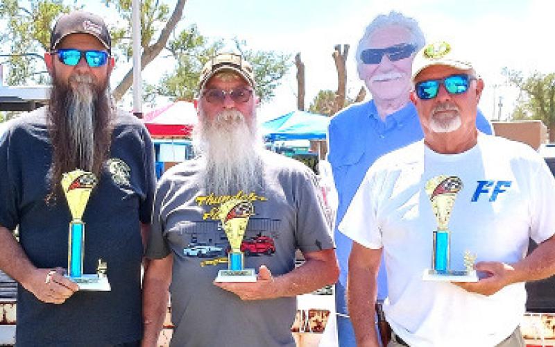 NON FENDER HOT/STREET RODS (49-Older) – Nolan Wampler, first place for a metallic blue 1923 Ford T-Bucket; Steve Corbin, third place with a white 1923 Ford T-Bucket; and Allen Vinyard, second place for a copper 1923 Ford T. (Staff photo)