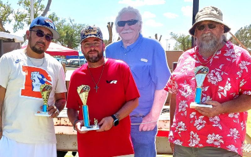 NEW CARS (2001-present) – Jr Ramirez, third place for a spiderman themed 2014 Dodge Challenger; Nate Swartwood, first place with a black 2017 Chevrolet Z06; and Harris W. (Bill) Curry, second place for a blue and red 2015 Dodge Challenger SRT Hellcat. (Staff photo)