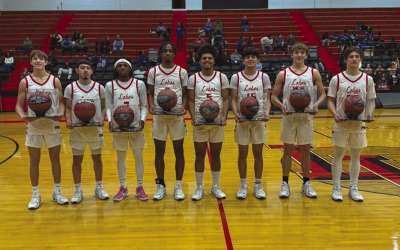 SENIORS - The Levelland Lobos are graduating 10 seniors from the basketball team this year. Pictured above are Seniors; Gavin French, Ozzie Solano, Elijah Jordan, Eryk Jones, Sean Landrum, Jose Muro, Gage French and Eli Randol. (Staff photo by Aalijah Soliz)