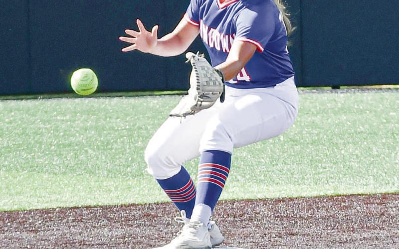 FIELDED AT SECOND - Sundown Roughette Nayleen Morin fields the ball at second base during the State Semifinals at Abilene Christian University recently. (Staff photo by Jentezen Smith)
