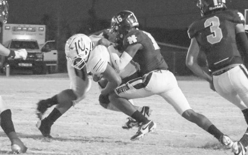 EASY READ - Morton Indian Brayden Villarreal made the read and tackled the Crosbyton ballcarrier last Thursday night at home. (Staff photo by Aalijah Soliz)