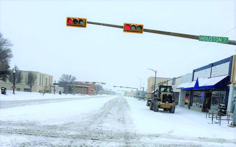 City of Levelland street department worked in snow and icy temperatures clearing roads during the winter storm. (City of Levelland photo).
