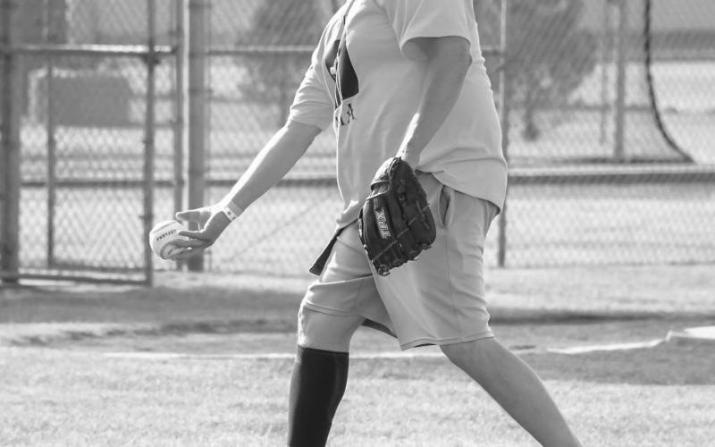 LIGHT TOUCH - Pitching for the Third Floor Mafia during the opening game of the Blue and You Ragball Tournament was Levelland’s Jody Guerra. Guerra’s team took the first win of the tournament Friday during pool play. Hockley County District Judge Pat Phelan sponsored a team for this year’s tournament with a bulk of the roster participating being members of the district office in the third floor of the Hockley County Courthouse. (Staff photo by Dom Puente)