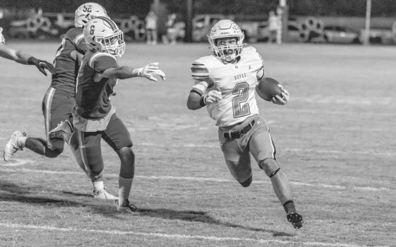 OUT OF REACH - Ropes Eagle Mason Marmolejo was out of reach of the Tahoka Bulldogs grasp this pasty Friday in the team’s one-point win. (Photo courtesy of Donovan Martin)
