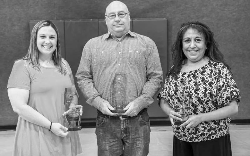EXCELLENCE AWARDS - Pictured from left are: Kayla Perrin, Gregg Walker and Juanita Yanez received Employee Excellence Awards at South Plains College’s annual Employee Banquet on May 9 in the P.E. Complex on the Levelland campus. (SPC Photo)