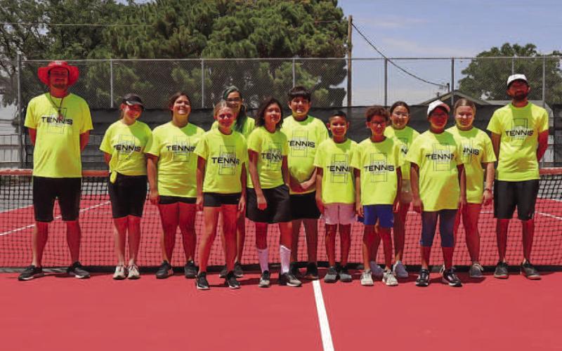 TENNIS CAMP - Pictured from left to right are: Lucas Arguellez, Chase Franco, Ethan Flores, Neveah Villescas, MJ Niederhauser, Jade Baeza, Jacob Cisneros, Destanie Acevdo, Addison Waters, Brynlee Montgomery, Paula Castellanos and Coaches Jeffrey Braziel and Chad Lawson. The Levelland High School Tennis Program held their annual summer camp this week to work on the fundamentals of the game. (Photo courtesy of Chad Lawson)