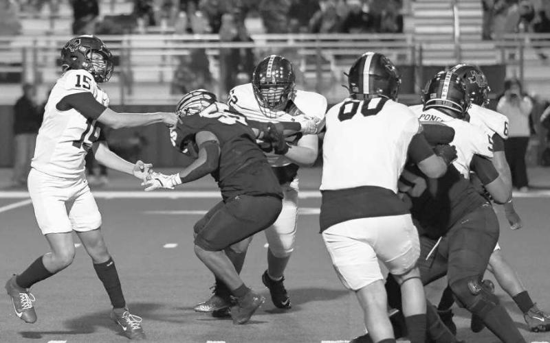 QUICK THROW - Levelland Lobo Ethan Salazar threw the ball quick behind his offensive line this past Thursday in Denver City against Seminole. (Staff photo by Dom Puente)