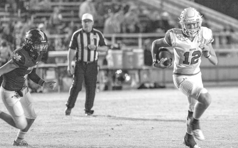 SHIFTY - Ropes athlete Kade Franklin ran the ball during the teams district win against the Morton Indians this past Friday to rack up some extra rushing yards. The team played against Seagraves at home this Friday to keep district play rolling. (Photo courtesy of Donovan Martin)