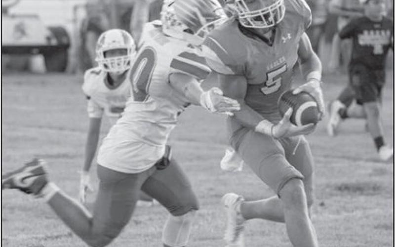 TOUCHDOWN - Ropes wide receiver Colton Morensen ran into the endzone after making the good catch last Friday night in the teams homecoming win against Hale Center. (Photo courtesy of Donovan Martin)