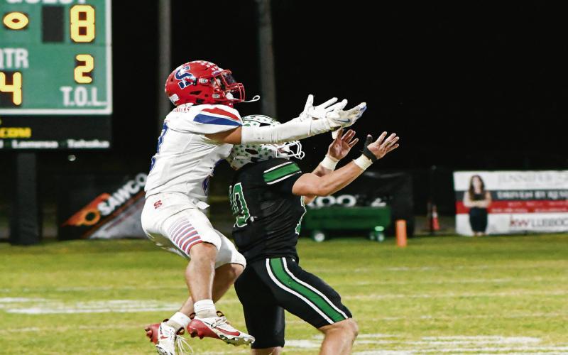50/50 BALL - Sundown senior wide receiver Coen Nevarez and Ropes senior free safety Ryland Kieth go for a 50/50 ball this past Friday night during the Ropes vs. Sundown football game at Ropes Eagle Stadium. Kieth would intercept the pass. (Staff photo by Jentezen Smith)