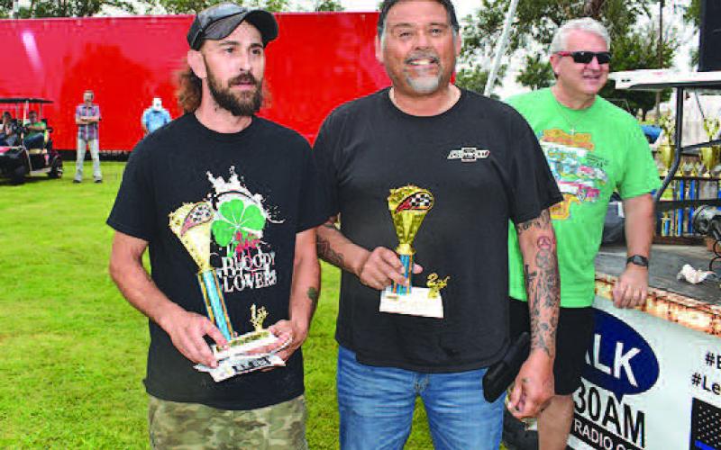 STOCKMOTORCYCLE– Thunder on the Plains awarded entries in the Stock Motorcycle category in Saturday’s Car Show held in City Park. Pictured is first place winner Johnny Chumley for his 2010 Honda Fury and Jesse Garza won second for his 2012 Harley Davidson Street Glide. (Staff Photo)