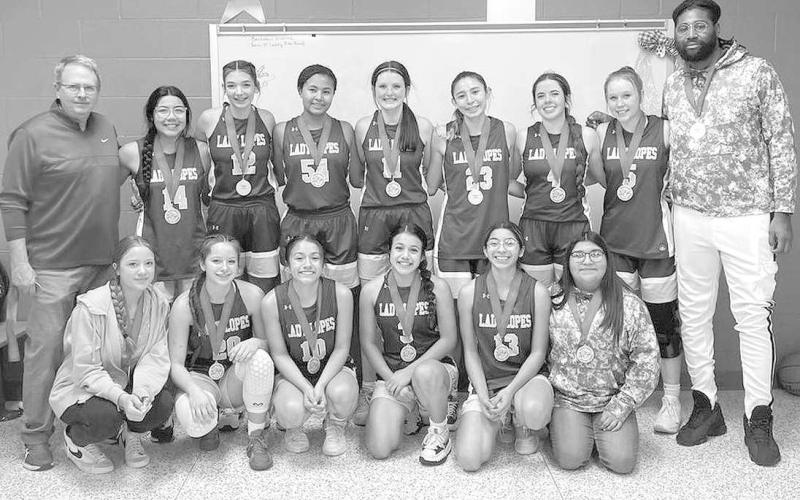 SECOND PLACE- The Whiteface Lady Lopes took second place at the Borden County Invitational Basketball Tournament in Gail last weeked with a 36-34 overtime loss to the Ropes Lady Eagles. The Lady Lopes will be in Morton, while the Lady Eagles will host Sundown. Both games start at 6:30 p.m. (Photo Courtesy of Whiteface Booster Club)