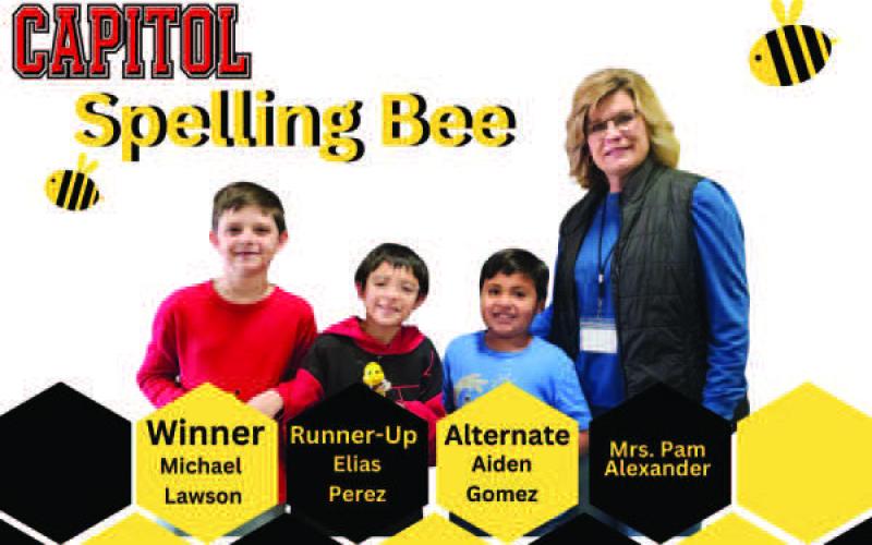 CAPITOLSPELLING BEE WINNERS-- Fourth grader, Michael Lawson, is the winner of the 2026 Capitol Spelling Bee. Lawson correctly spelled “cosmetics” to win the competition beating thirty-eight other spellers in an event that lasted five rounds. Runner-Up was Elias Perez and Alternate was Aiden Gomez. All three students will represent Capitol at the District Spelling Bee on Monday. Assistant Principals Katie Peña and Amy Pebsworth judged the competition. (Levelland ISD photo)