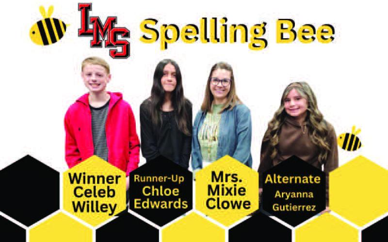 LMS SPELLING BEE WINNERS- Caleb Willey, was the winner of the 2026 LMS Spelling Bee which lasted seven rounds. Twenty-seven students entered the competition and Caleb secured first place with the winning word, oblivion. Runner-Up was Chloe Edwards and Alternate was Aryann Gutierrez. All three students will represent LMS again at the District Spelling Bee on Monday. Assistant Principals Katie Pena and Amy Pebsworth judged the competition. (Levelland ISD photo)