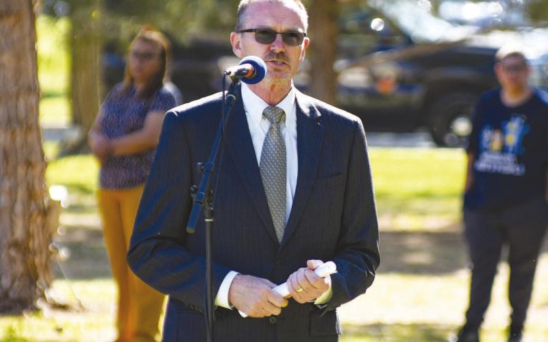 KEYNOTE SPEAKER - Sundown Police Chief Jared Foster was the keynote speaker for the annual Peace Officer Memorial that is hosted by South Plains College on the front entrance lawn of the Levelland campus. During his speaking portion, Foster read off the names of peace officers who have lost their lives giving the ultimate sacrifice. (Staff photo by Dom Puente)