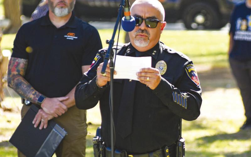 INVOCATION - Levelland Police Chief Albert Garcia provided the invocation for for SPC annual Peace Officer Memorial that takes place on the front entrance lawn of the Levelland campus. During his invocation, Garcia shared that the officers who made the ultimate sacrafice will never be forgotten. (Staff photo by Dom Puente)