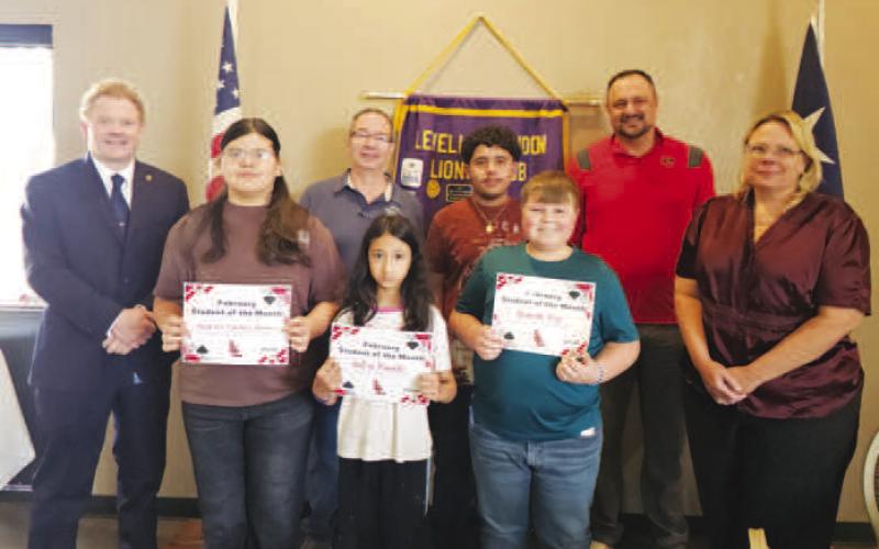 LMS STUDENTS OF THE MONTH-- The Levelland Noon Lion’s Club recgonized the LMS Students of the Month. The students are selected by their teachers for being leaders and going above the standard every single day. LMS Principal Dr. Birdwell shared stories from teachers about the positive impact these students are making. Pictured are Jasmine Campos Juarez, Julia Puente, Isaiah Cox , David Acevedo, Dr. Matthew Birdwell, Michael Stueart, Dr. Donald Heseman and Kelly Hancock. (Levelland ISD photo)