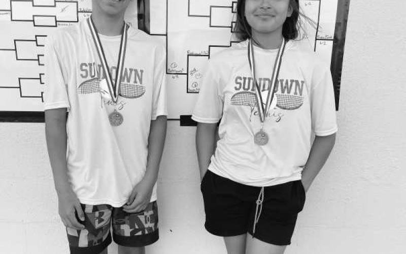 SECOND IN MIXED DOUBLES- Sundown Middle School tennis teams competed at the district tournament earlier this week. Sundown returned home with several medals and a couple of district champions. Sundowns Lillie Rodriguez and Alejandro Rodriguez placed second in mixed doubles. (Photo Courtesy of Sundown ISD)