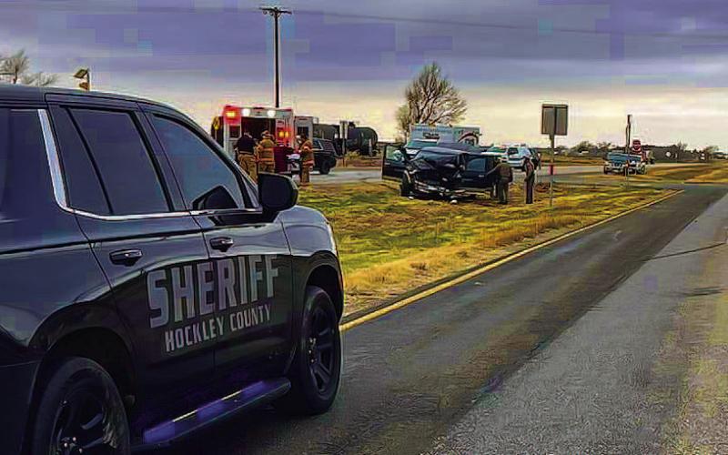 DEADLY COLLISION - Around 12 p.m. Tuesday, Hockley County Sheriff’s, Hockley County-Levelland Emergency Management, Levelland EMS and Texas Department of Transportation responded to a twovehicle collision in Smyer on Highway 114. According to the HCSO, one person was pronounced dead at the scene of the crash. East bound traffic was diverted down FM 168 S. (Photo courtesy of Hockley County-Levelland Emergency Management)