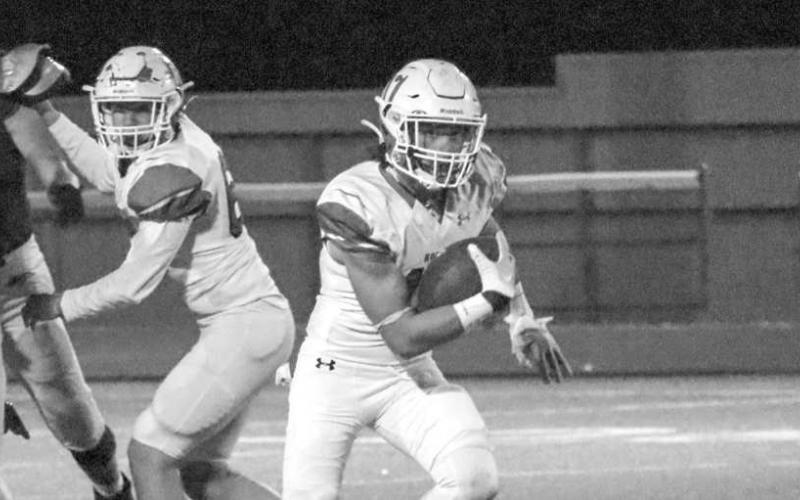 OPEN FIELD - Ropes athlete Hayden Torres found open room up the middle of his offensive lines blocking last Thursday night. (Staff photo by Aalijah Soliz)