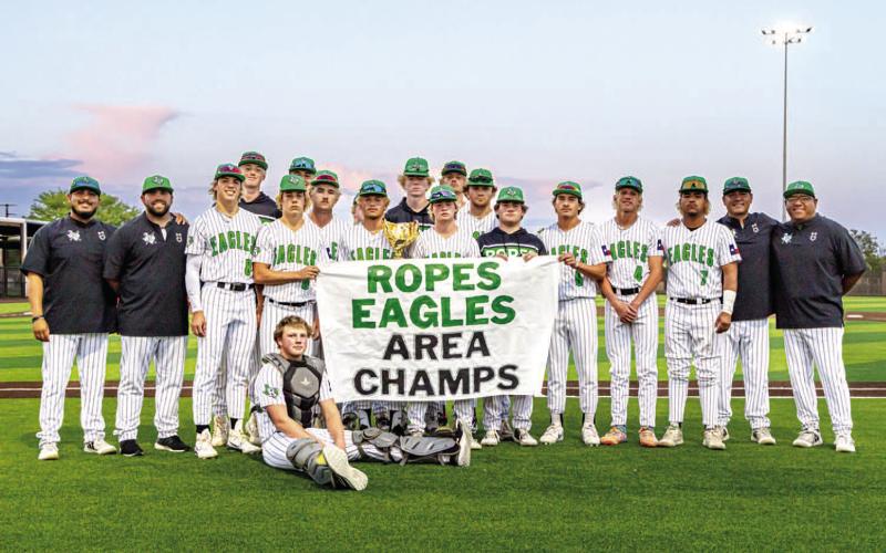 AREA CHAMPIONS - The Ropes Eagles were crowned Area Champions last weekend after defeating the West Texas Comanches in a best of three sweep. The Eagles took game one, 11-1, and took game two with a 3-0 score. The Eagles advanced to the Regional Semi-Final round to take on the Stamford Bulldogs in a best of three series in Snyder May 15 -17. The results of the series will be in Wednesday’s issue (May 21). (Photo courtesy of Donovan Martin)
