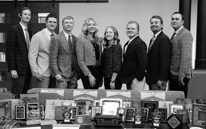 SPC LIVESTOCK JUDGING TEAM - The South Plains College Livestock Judging Team, a nationally renowned program, won many individual and team awards during the 2023-24 academic year. Pictured from the left are SPC Livestock Judging Coach Connor Brew, Lane Sheehan, Hance Albracht, Lexi Hunt, Ashton Willis, Mason Ward, Dakota David and Jackson Harlan. (SPC Photo)