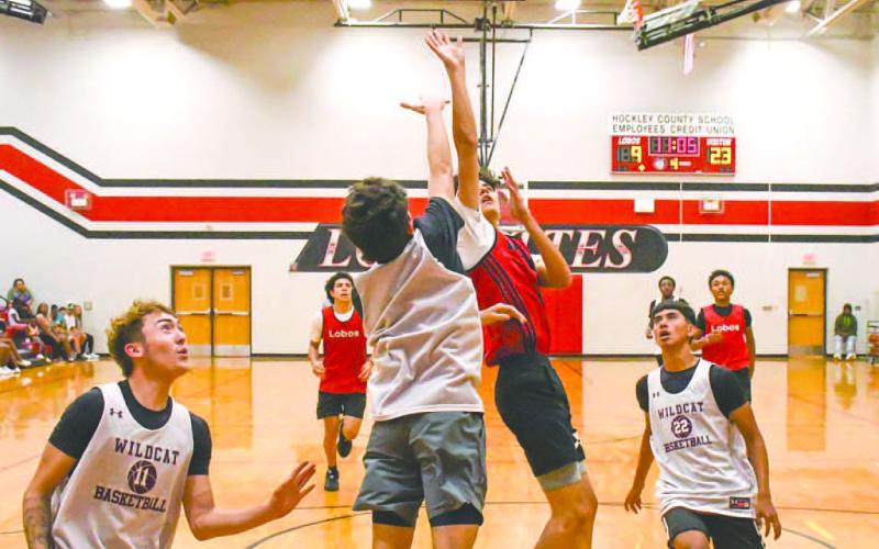 FLOAT GAME -The Levelland Lobos hosted the Littlefield Wildcats and Canyon Eagles in exhibition matches Thursday at the Levelland Middle School. Pictured is Lobo Anthony Gonzales sinking a floater in the paint for two points against Littlefield. (Staff Photo by Aalijah Soliz)