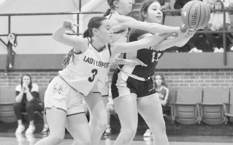 PHYSICAL - Morton Maiden Ada Torres was being guarded close by Whiteface Lady Lopes Kambry Sanders and Hannah Blankenship during the team’s district game. (Photo courtesy of Holly Crutcher)