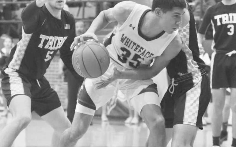POST UP - Whiteface Antelope Isaak Soliz posted up Morton Indian A.J. Mendoza during the team’s game against each other in Whiteface this past Friday night. (Photo courtesy of Holly Crutcher)