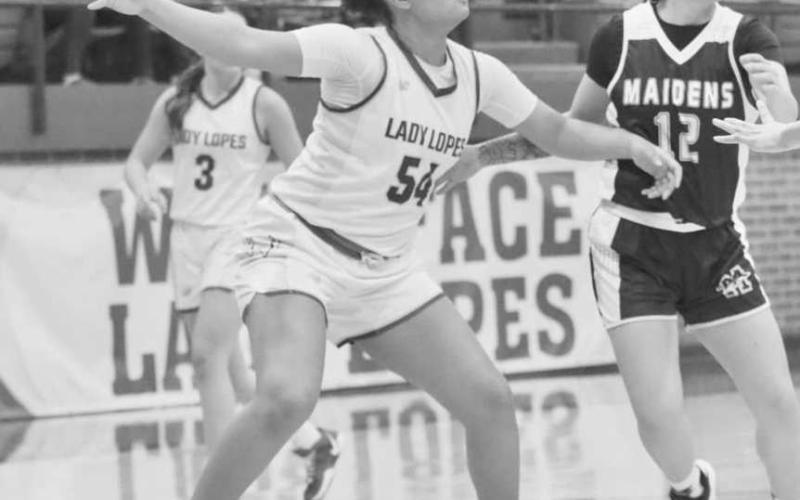 FOCUSED - Whiteface Lady Lope Tymyyah Olenga called for the ball under the basket with Morton Maiden J’Lynn Marquez in pursuit right behind her. (Photo courtesy of Holly Crutcher)