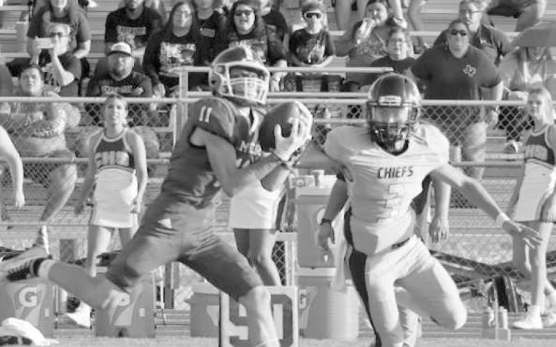 GREAT GRAB - Smyer wide receiver Cody Armes made the long distance catch down the field for a big gain. (Staff photo by Aalijah Soliz)